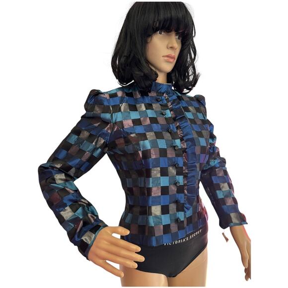NWT Vintage Partique Inc Dorothy Farinae Blue Check Taffeta Jacket size small - Picture 7 of 14